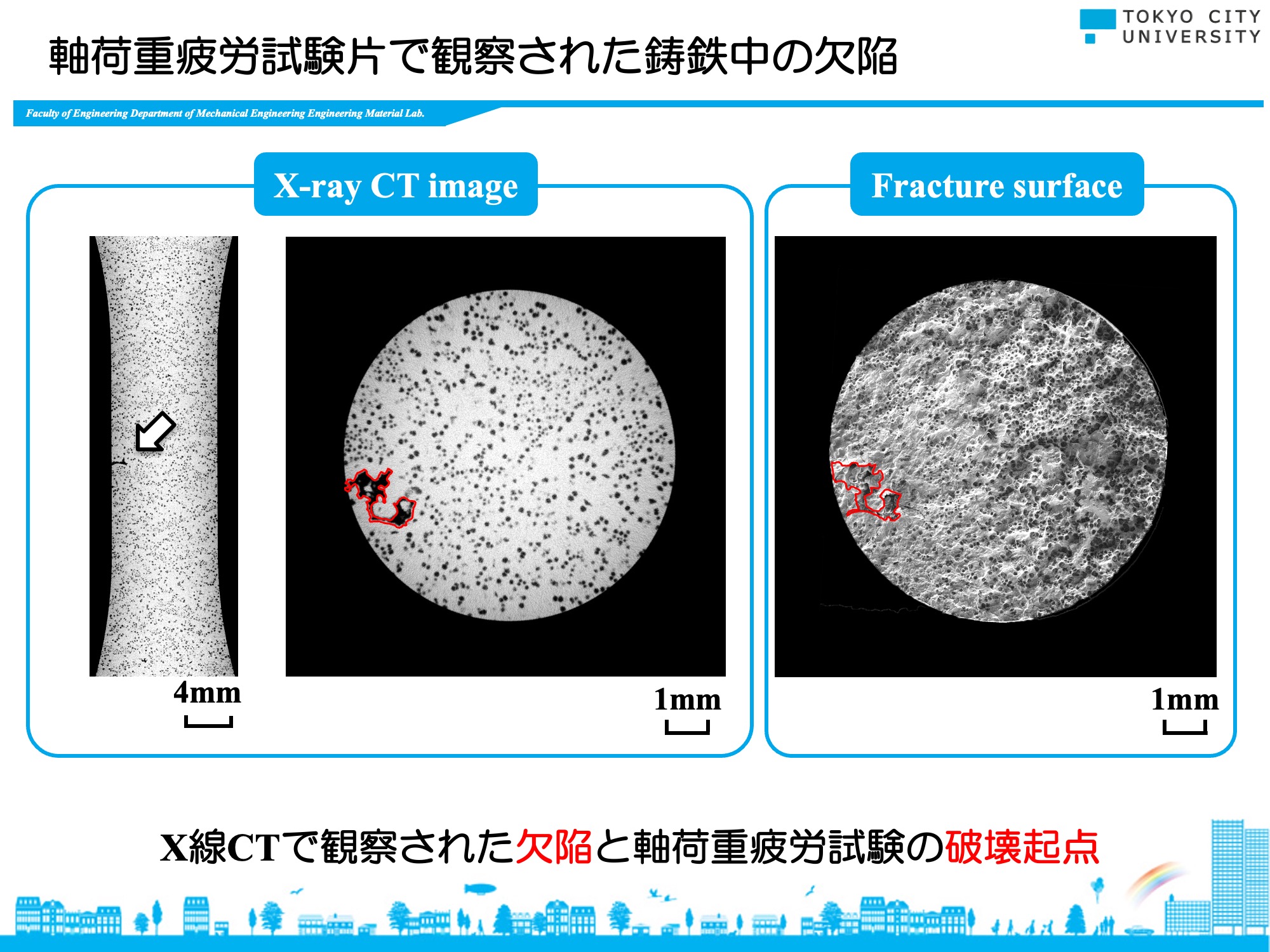 軸荷重疲労試験片で観察された鋳鉄中の欠陥