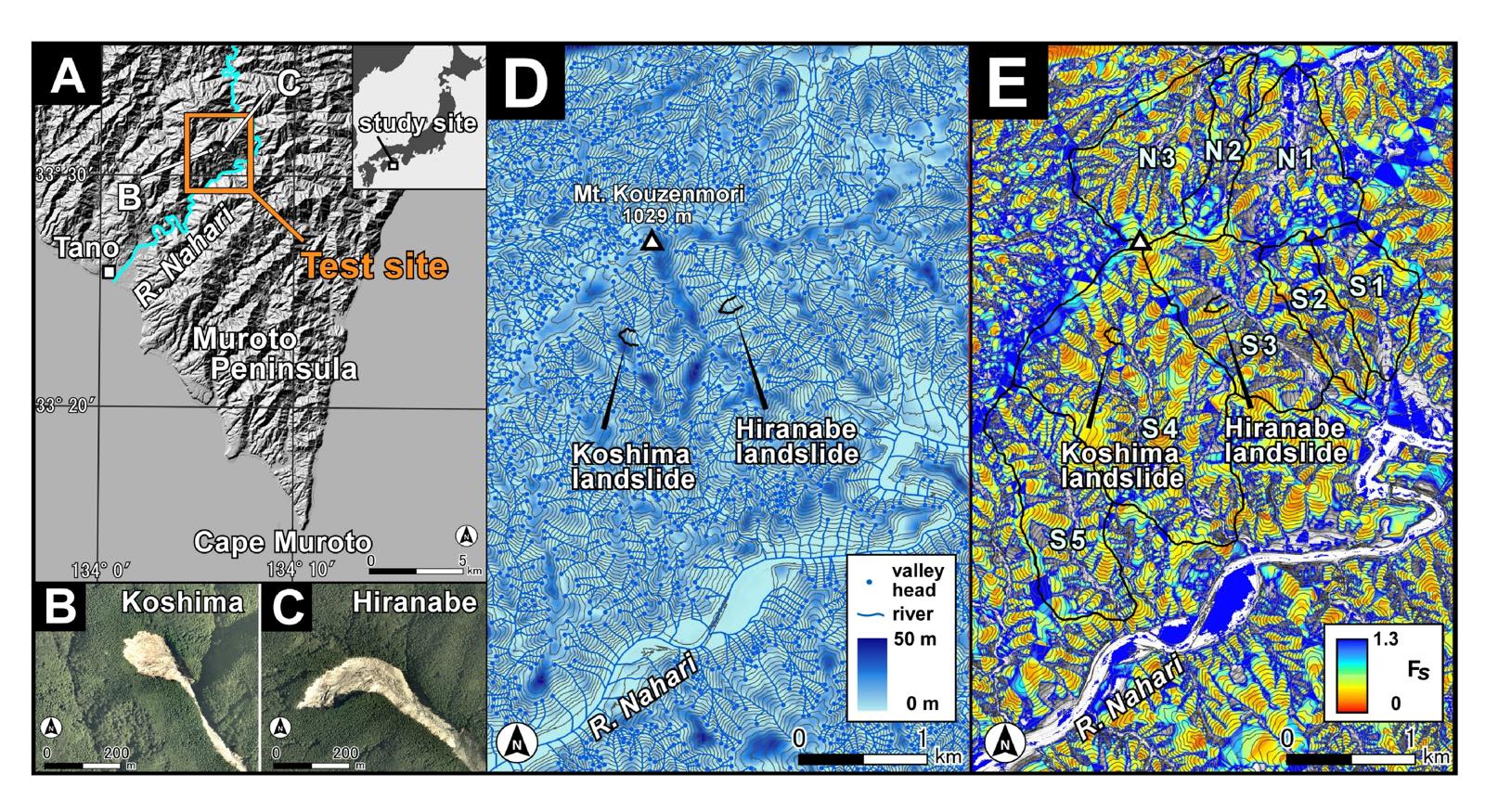 高知県東部の山間域(A・B・C)を対象とした、地すべり発生危険箇所を推定した図。地形から地下水位を推定(D)し、斜面の安定性を解析することで地すべり発生危険箇所を推定(E)する。研究室ウェブサイトより引用。
